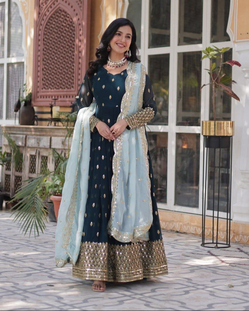 Designer Party Wear Gown with Dupatta | Heavy Embroidery & Sequence Work | Fully Stitched