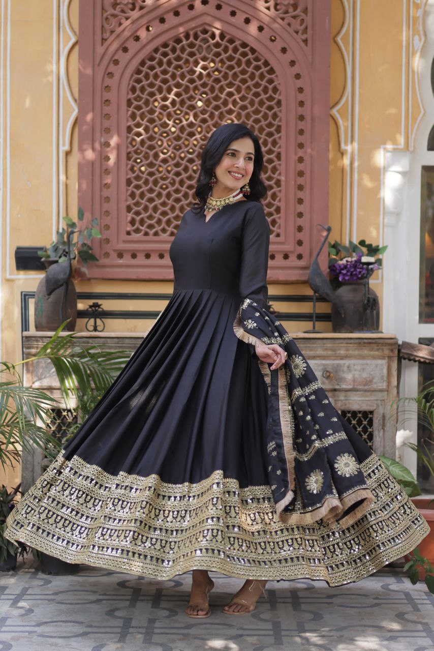 Embroidered Star Georgette Gown with Dupatta – Zari Sequins Work
