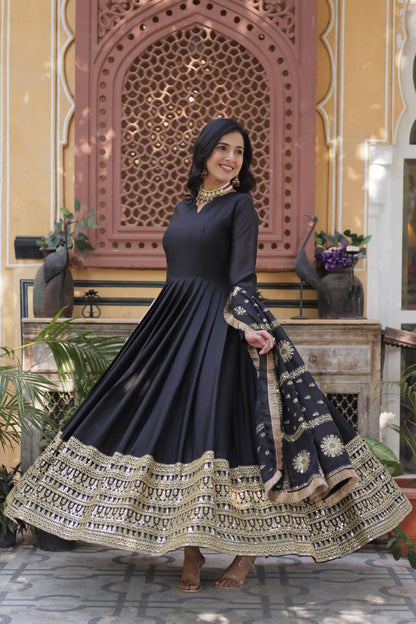 Embroidered Star Georgette Gown with Dupatta – Zari Sequins Work