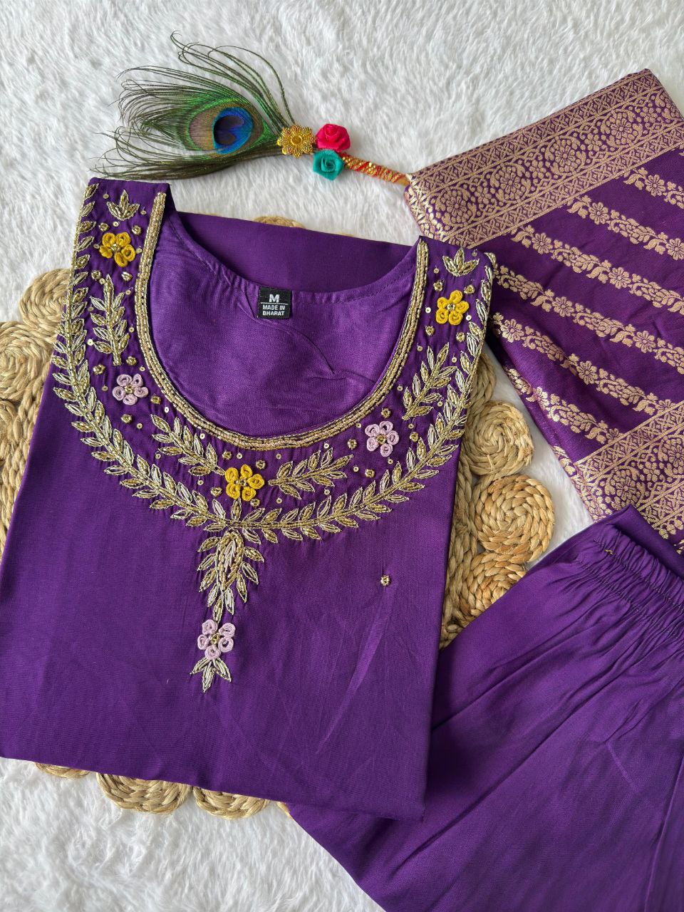 Designer Roman Silk Kurti Set – Handwork Kurti, Pant & Dupatta