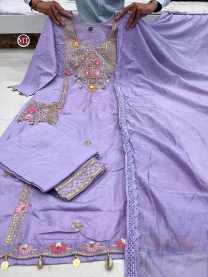 Premium Hand Work Kurti Pant Dupatta Set in Pure Banana Silk