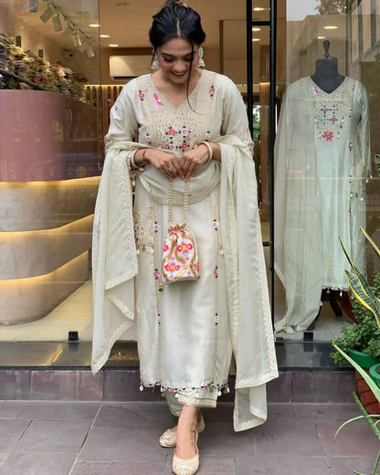 Premium Hand Work Kurti Pant Dupatta Set in Pure Banana Silk