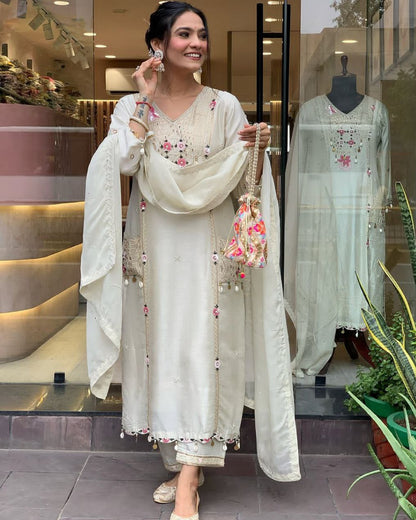Premium Hand Work Kurti Pant Dupatta Set in Pure Banana Silk
