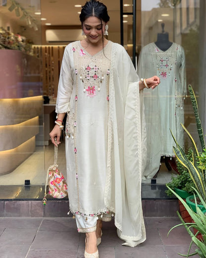 Premium Hand Work Kurti Pant Dupatta Set in Pure Banana Silk