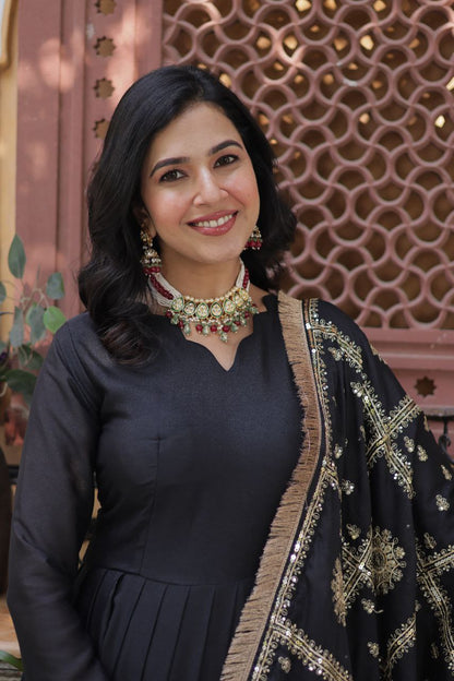 Embroidered Star Georgette Gown with Dupatta – Zari Sequins Work