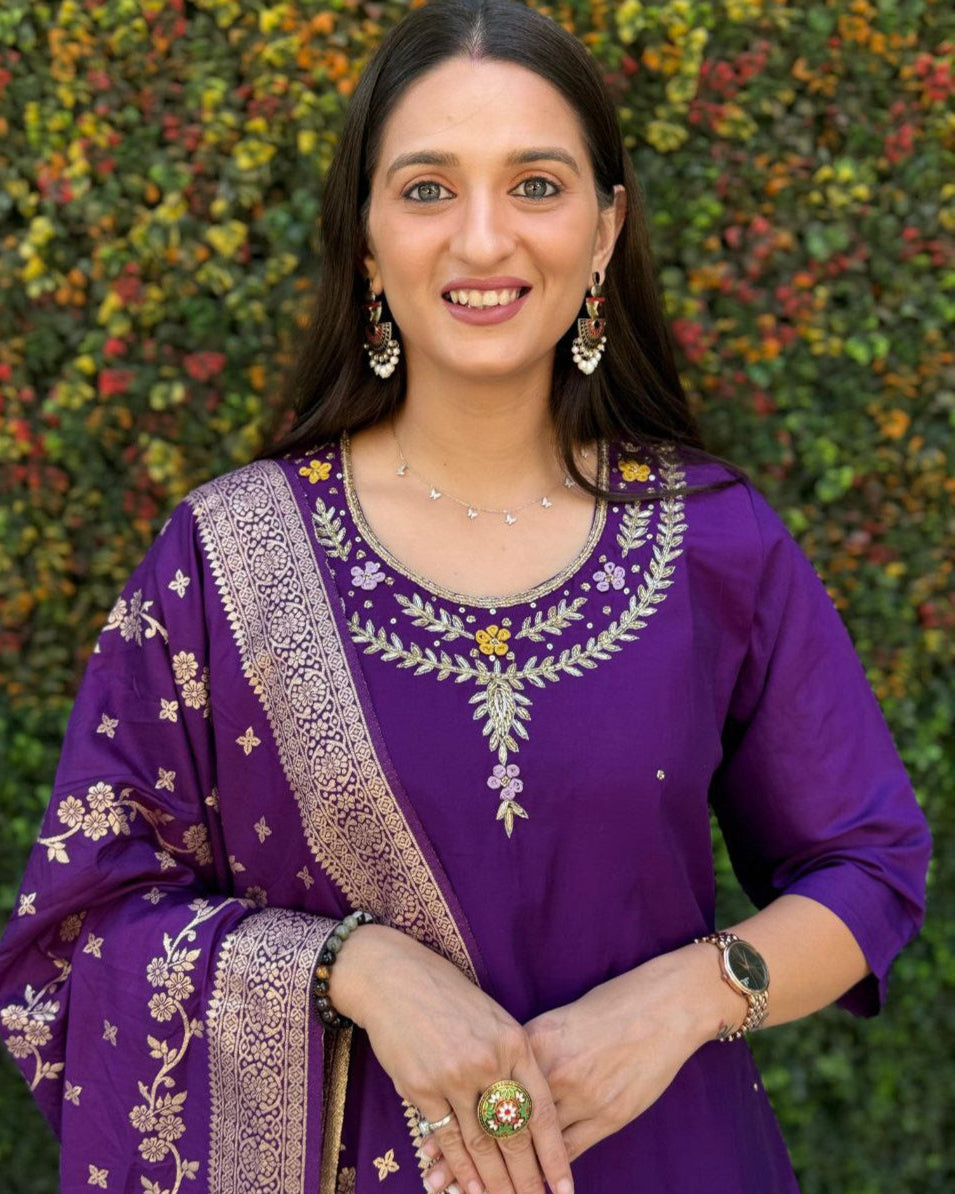 Designer Roman Silk Kurti Set – Handwork Kurti, Pant & Dupatta