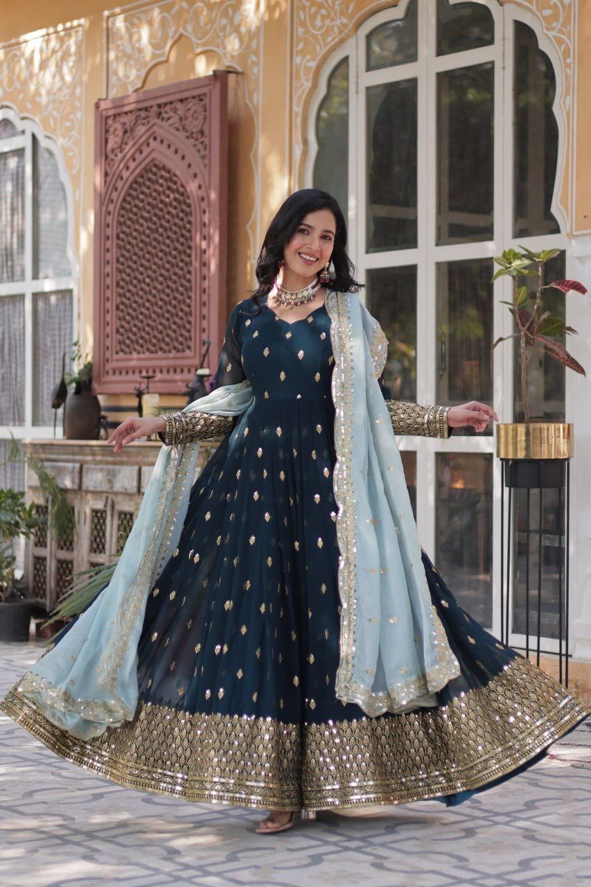 Designer Party Wear Gown with Dupatta | Heavy Embroidery & Sequence Work | Fully Stitched
