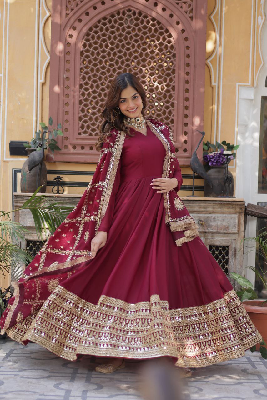 Embroidered Star Georgette Gown with Dupatta – Zari Sequins Work