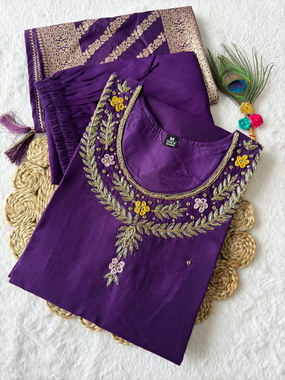 Designer Roman Silk Kurti Set – Handwork Kurti, Pant & Dupatta