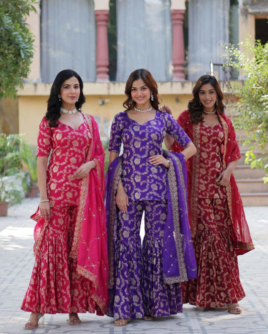 Designer Gharara Suit – Embroidered Viscose Georgette Kurti, Gharara & Silk Dupatta