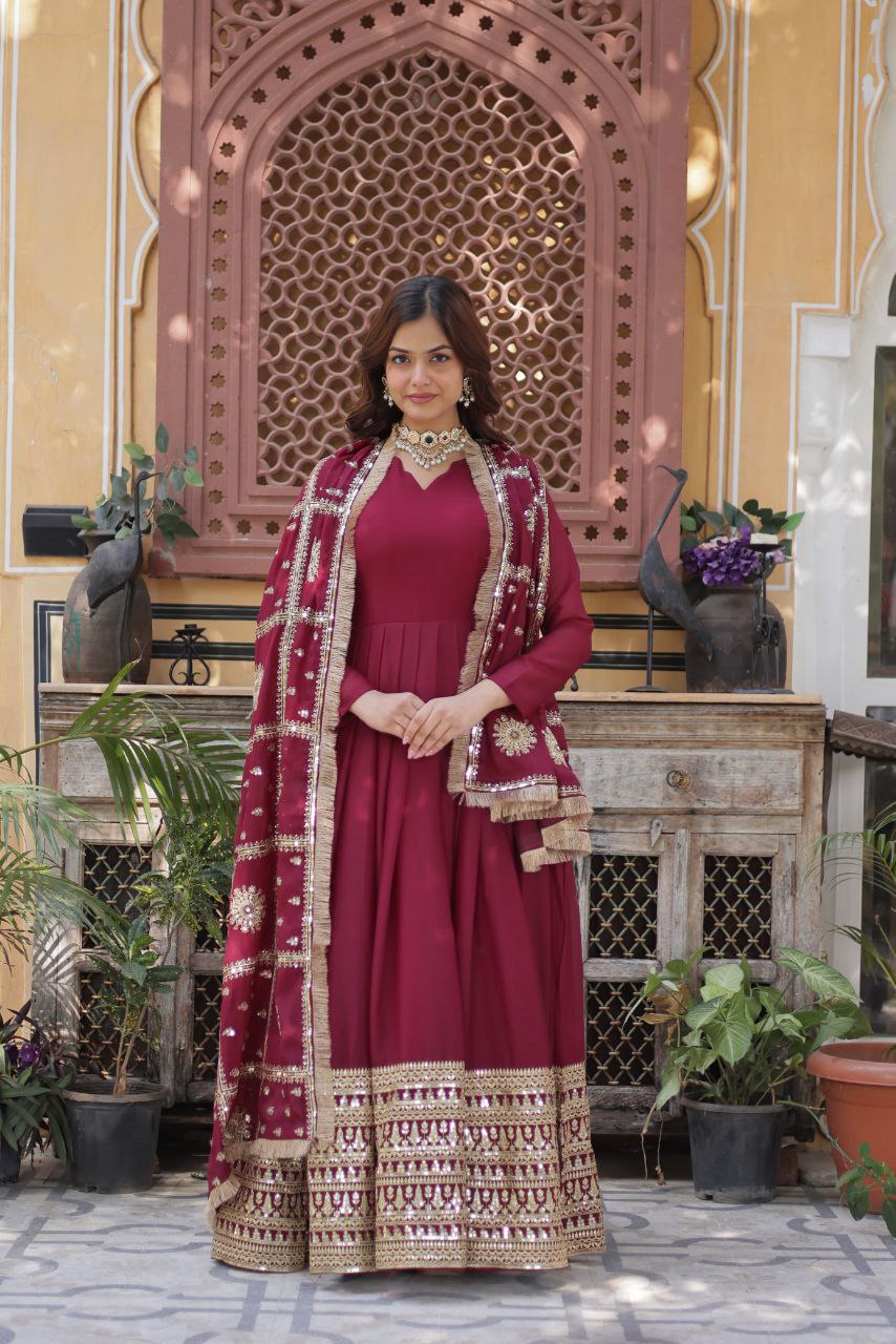Embroidered Star Georgette Gown with Dupatta – Zari Sequins Work