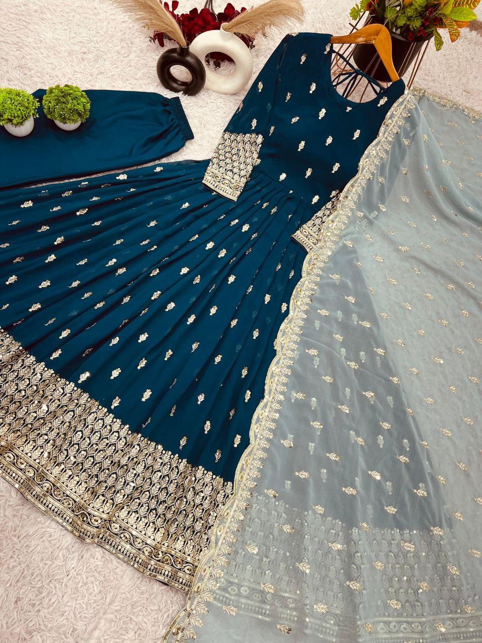 Designer Party Wear Gown with Dupatta | Heavy Embroidery & Sequence Work | Fully Stitched