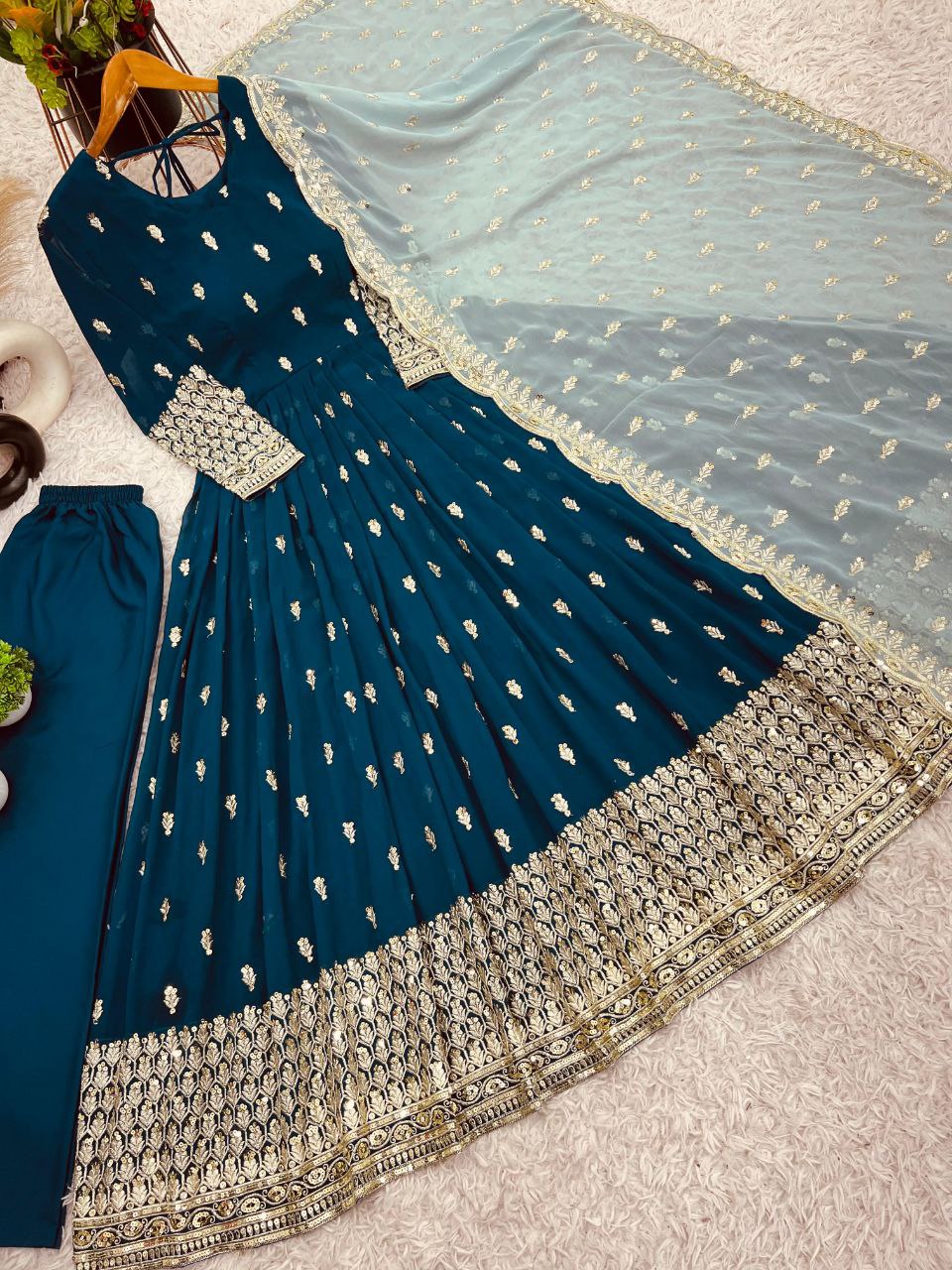 Designer Party Wear Gown with Dupatta | Heavy Embroidery & Sequence Work | Fully Stitched