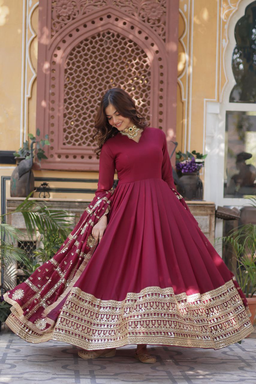 Embroidered Star Georgette Gown with Dupatta – Zari Sequins Work