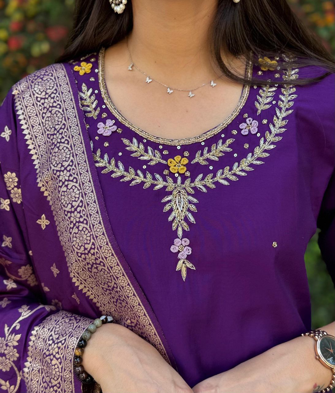 Designer Roman Silk Kurti Set – Handwork Kurti, Pant & Dupatta