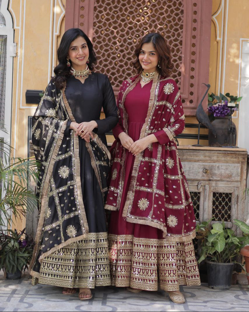 Embroidered Star Georgette Gown with Dupatta – Zari Sequins Work