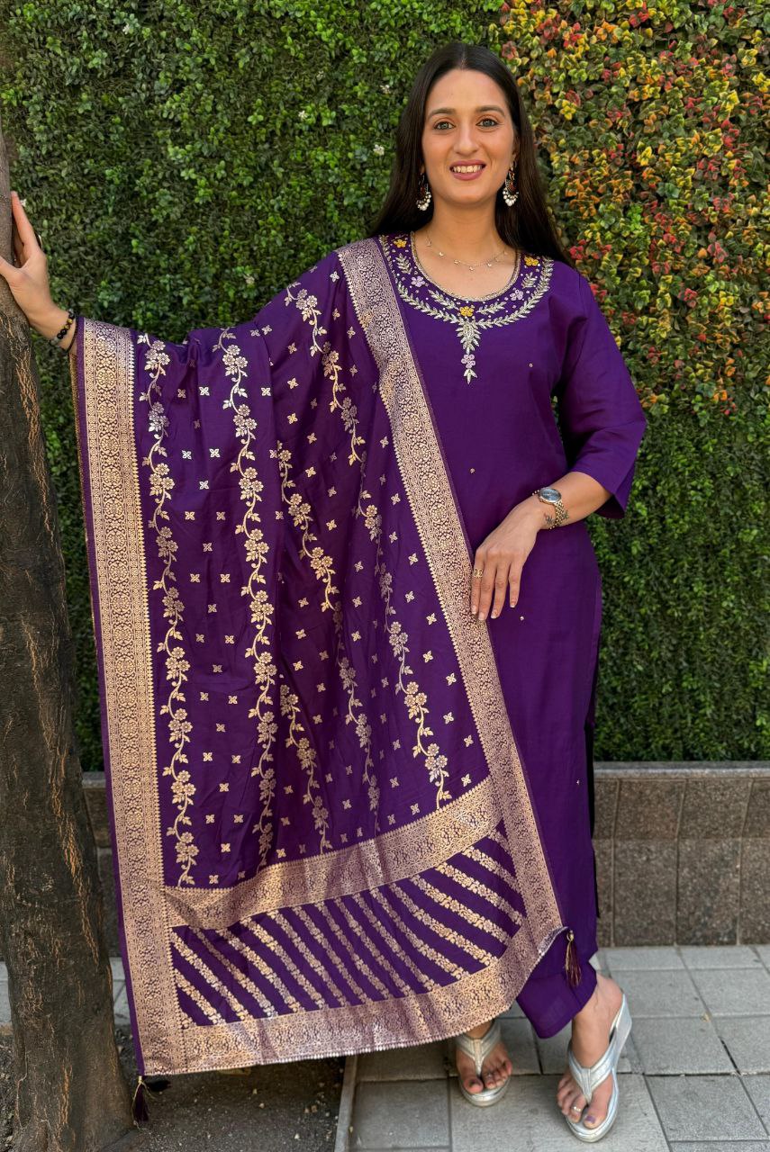 Designer Roman Silk Kurti Set – Handwork Kurti, Pant & Dupatta