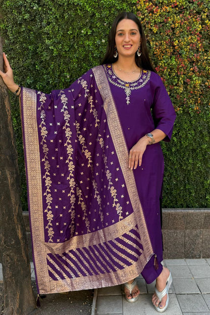Designer Roman Silk Kurti Set – Handwork Kurti, Pant & Dupatta