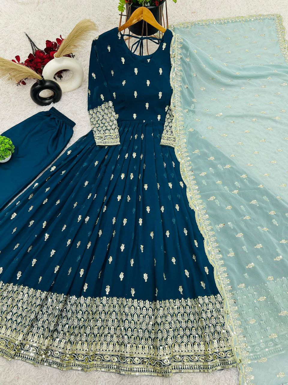 Designer Party Wear Gown with Dupatta | Heavy Embroidery & Sequence Work | Fully Stitched