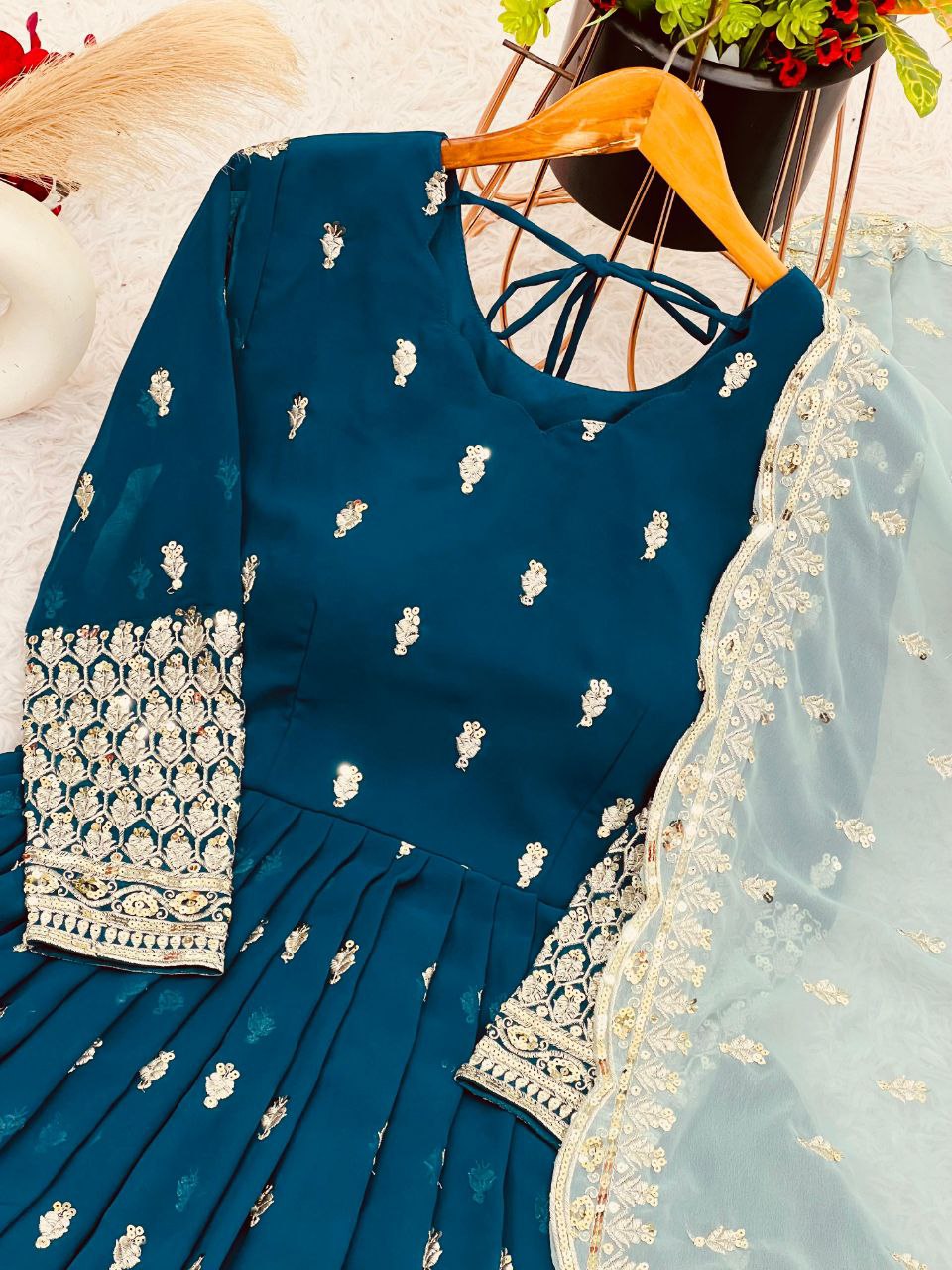 Designer Party Wear Gown with Dupatta | Heavy Embroidery & Sequence Work | Fully Stitched