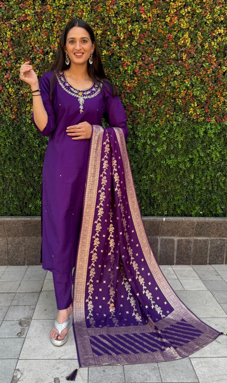 Designer Roman Silk Kurti Set – Handwork Kurti, Pant & Dupatta