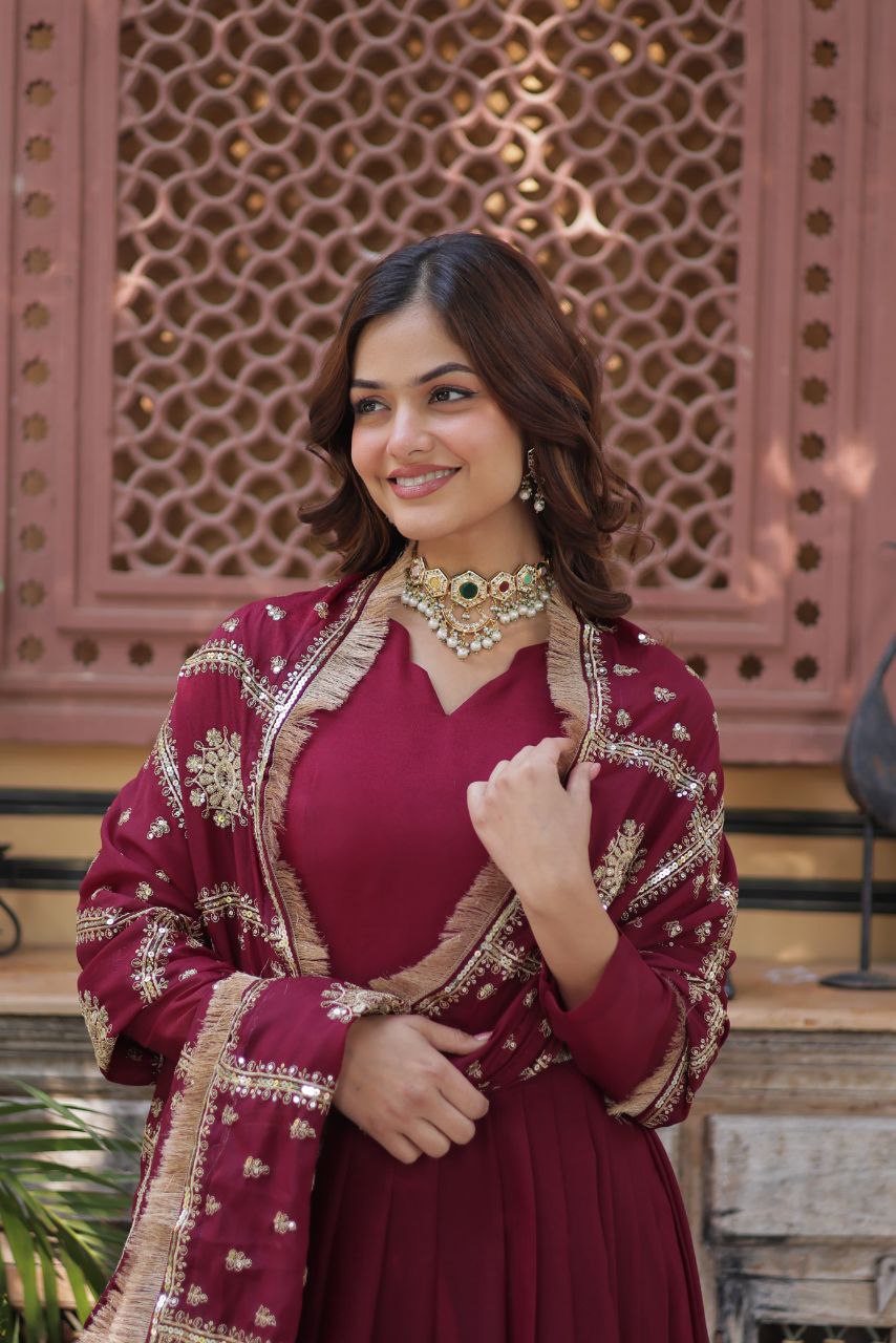 Embroidered Star Georgette Gown with Dupatta – Zari Sequins Work