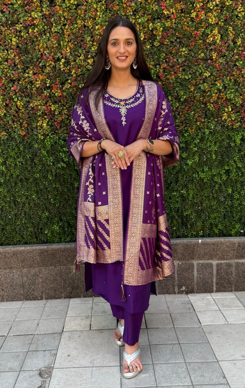 Designer Roman Silk Kurti Set – Handwork Kurti, Pant & Dupatta