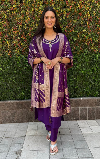 Designer Roman Silk Kurti Set – Handwork Kurti, Pant & Dupatta