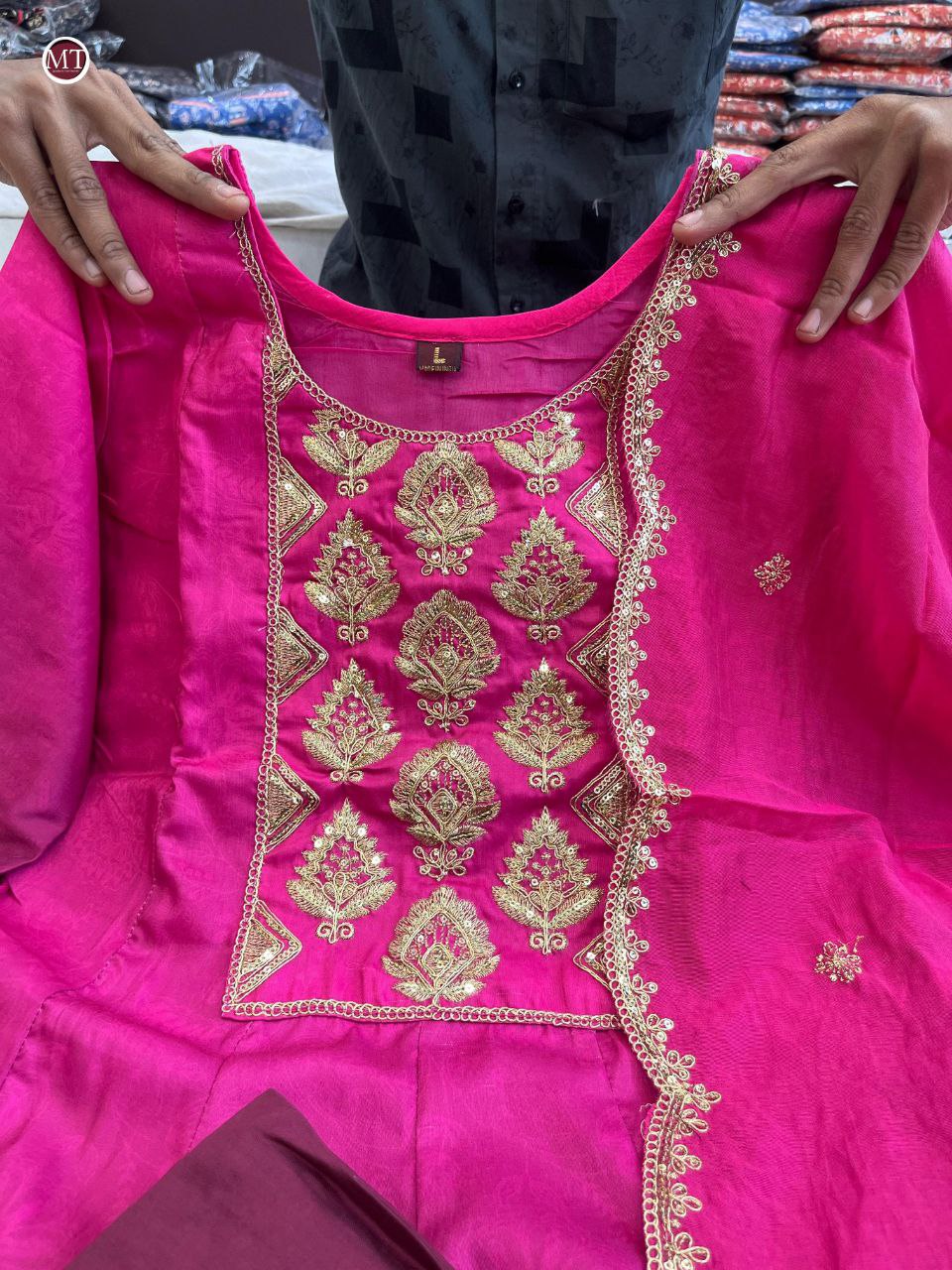 Pink Muslin Anarkali Kurti Pant Dupatta Set with Golden Zari Work | Flared Festive Wear Suit for Women