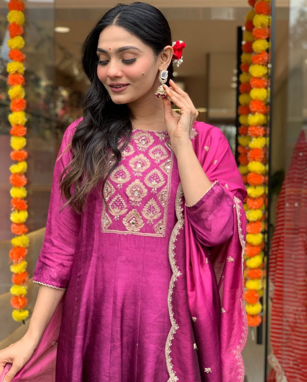 Pink Muslin Anarkali Kurti Pant Dupatta Set with Golden Zari Work | Flared Festive Wear Suit for Women