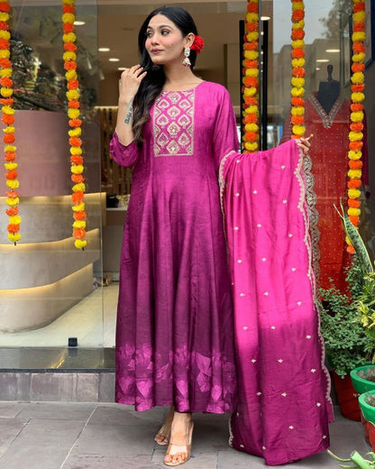 Pink Muslin Anarkali Kurti Pant Dupatta Set with Golden Zari Work | Flared Festive Wear Suit for Women