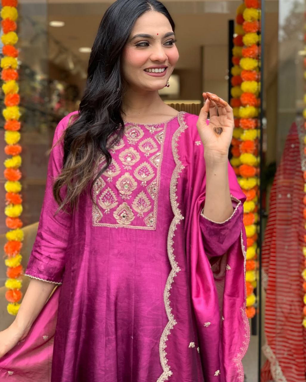Pink Muslin Anarkali Kurti Pant Dupatta Set with Golden Zari Work | Flared Festive Wear Suit for Women