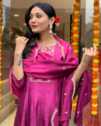 Pink Muslin Anarkali Kurti Pant Dupatta Set with Golden Zari Work | Flared Festive Wear Suit for Women