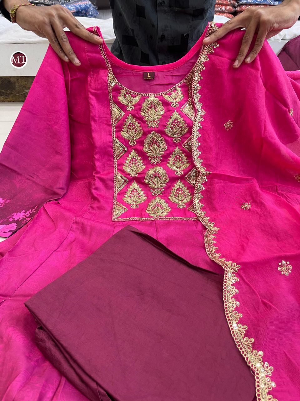 Pink Muslin Anarkali Kurti Pant Dupatta Set with Golden Zari Work | Flared Festive Wear Suit for Women