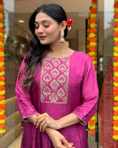 Pink Muslin Anarkali Kurti Pant Dupatta Set with Golden Zari Work | Flared Festive Wear Suit for Women
