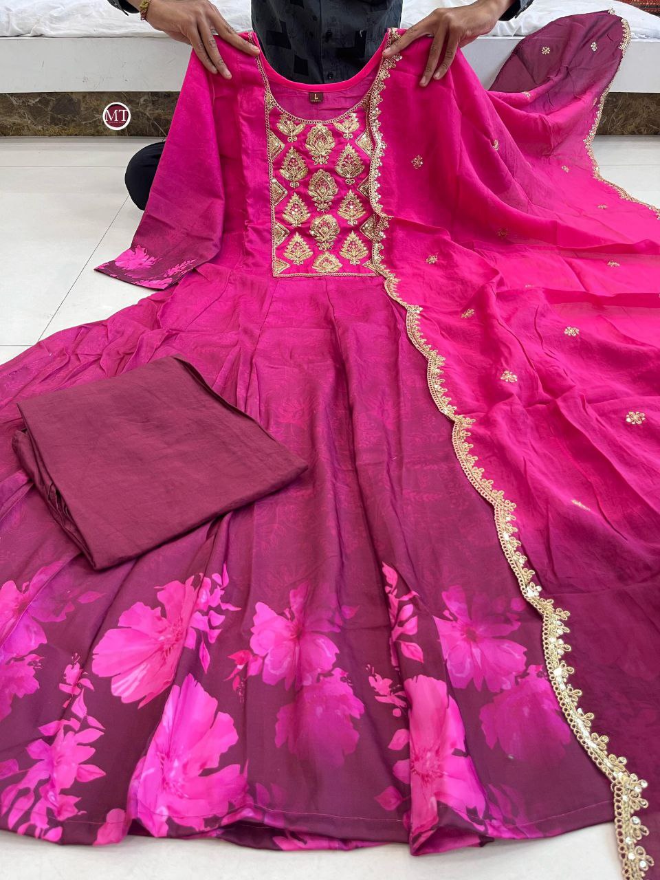 Pink Muslin Anarkali Kurti Pant Dupatta Set with Golden Zari Work | Flared Festive Wear Suit for Women