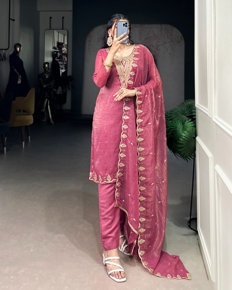Pink & Silver Embroidered Ethnic Dress Set for Women  Sequin Work  Silver Glory Fabric  Ready to Wear