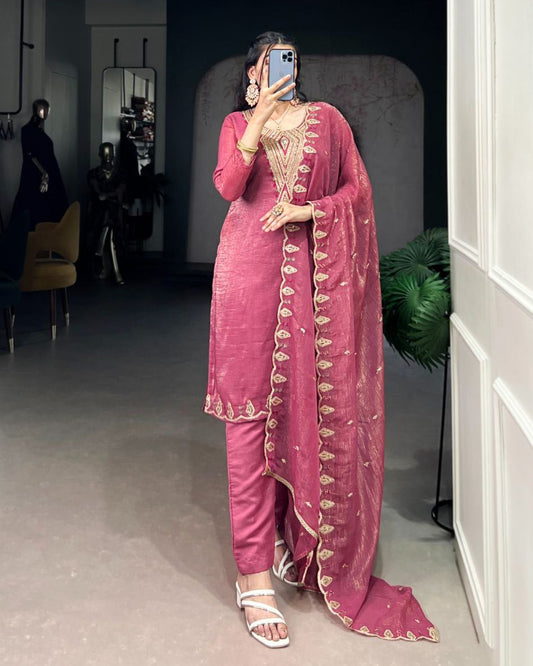 Pink & Silver Embroidered Ethnic Dress Set for Women  Sequin Work  Silver Glory Fabric  Ready to Wear