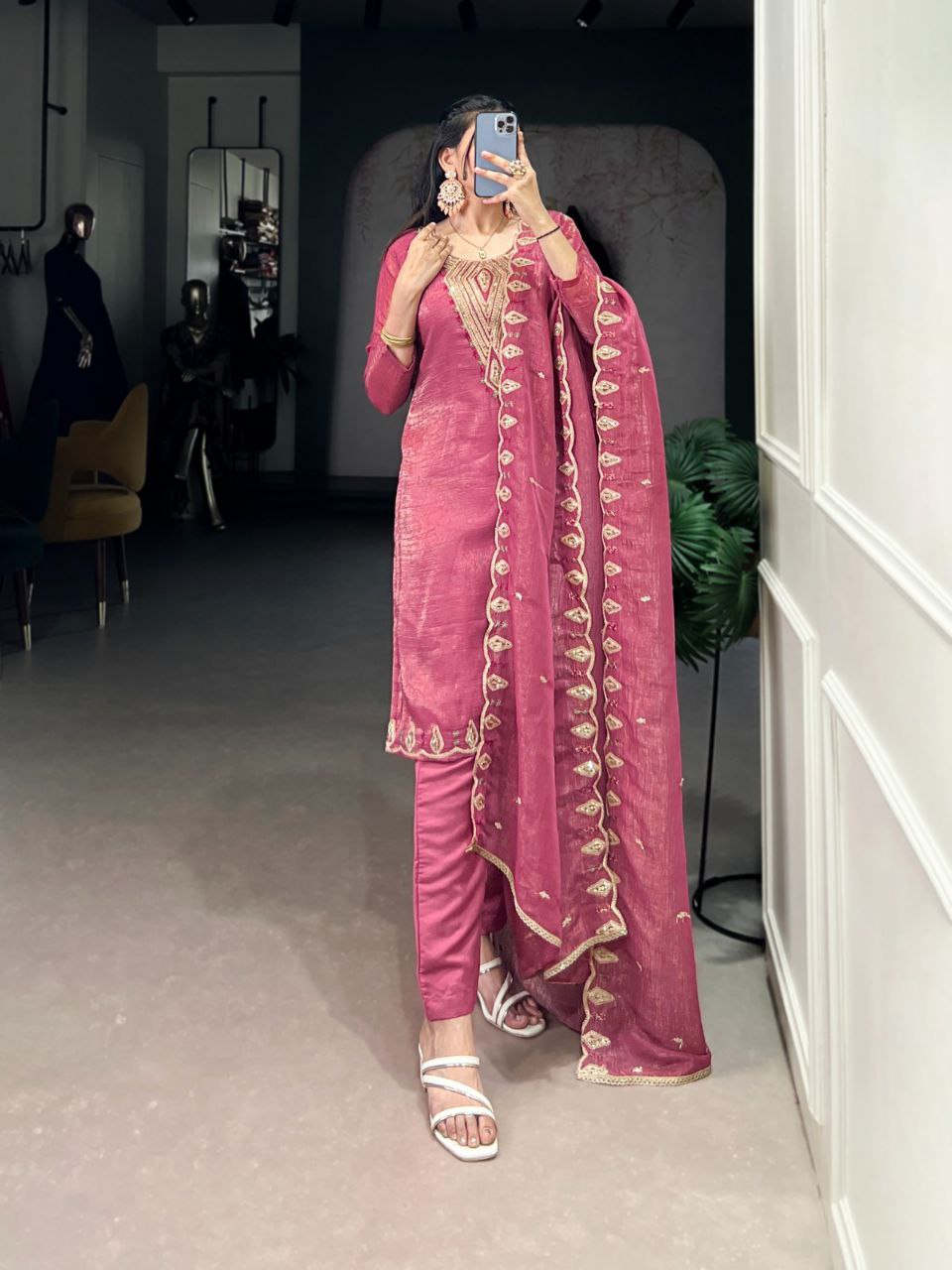 Pink & Silver Embroidered Ethnic Dress Set for Women  Sequin Work  Silver Glory Fabric  Ready to Wear