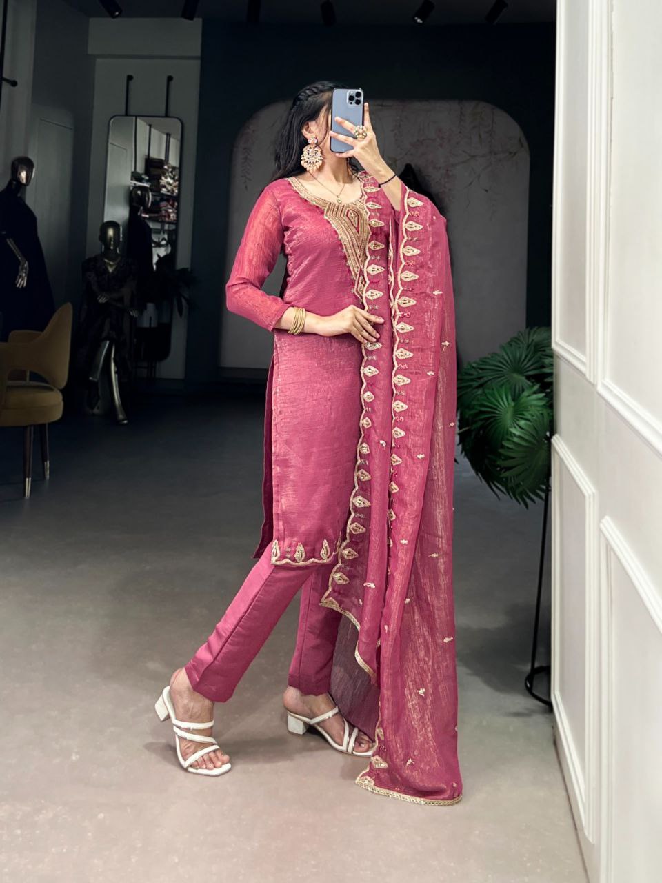Pink & Silver Embroidered Ethnic Dress Set for Women  Sequin Work  Silver Glory Fabric  Ready to Wear