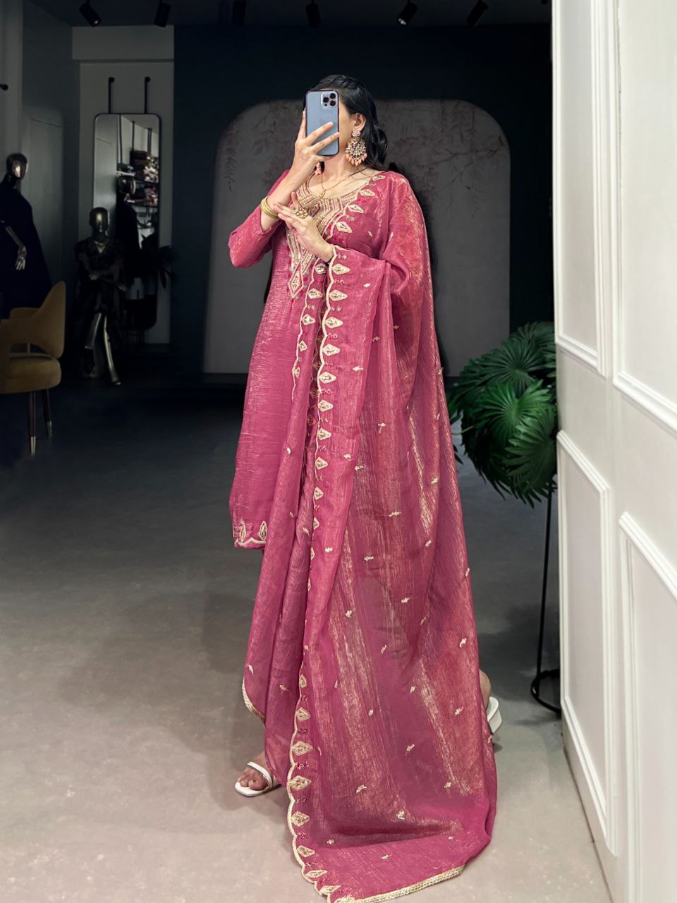 Pink & Silver Embroidered Ethnic Dress Set for Women  Sequin Work  Silver Glory Fabric  Ready to Wear
