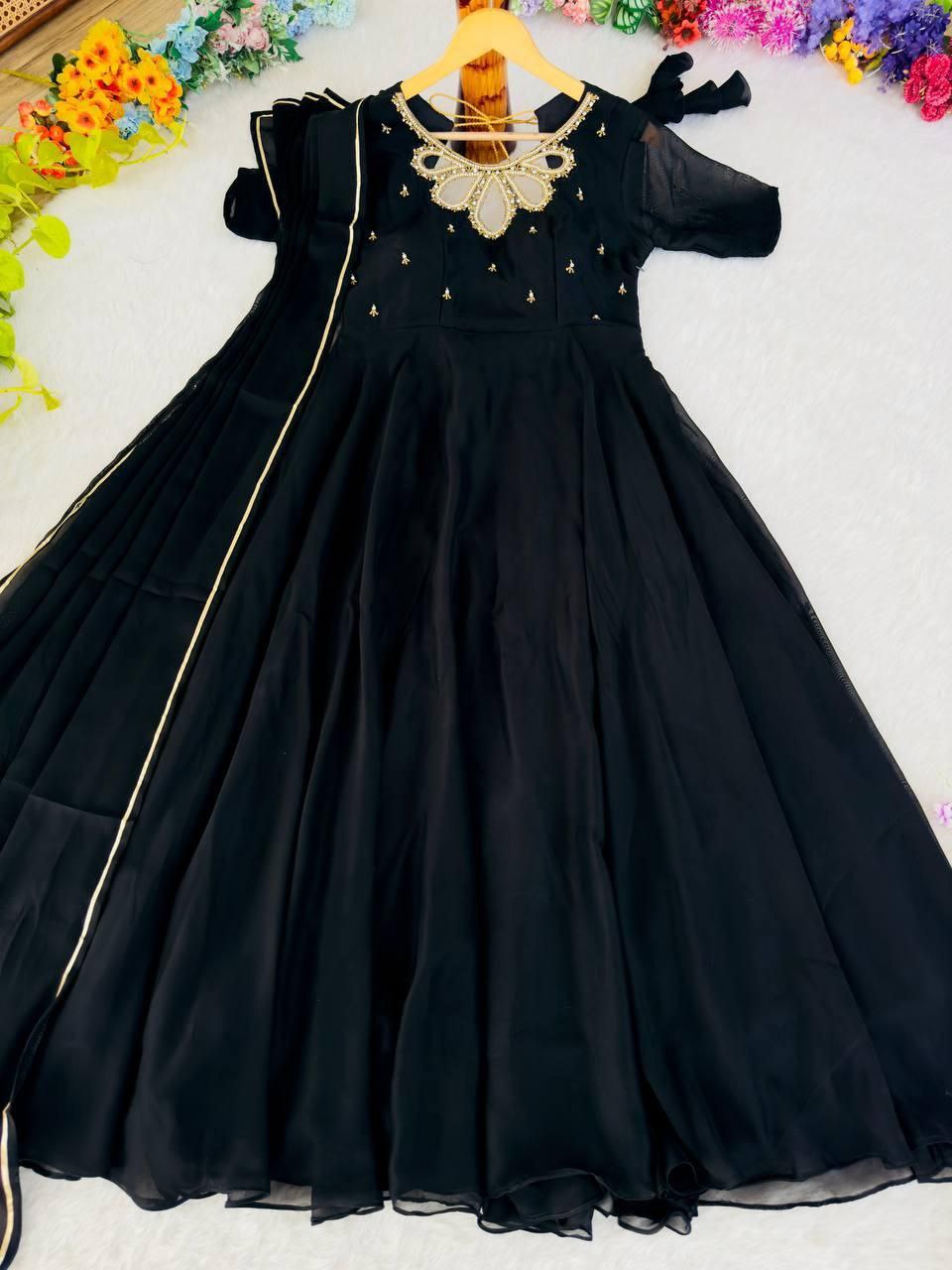 Premium Back Rangoli Georgette Gown with Dupatta | Two-Tone Party Wear Gown Set