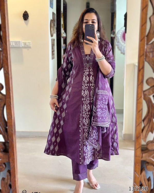Premium Cotton Ikkat Printed Kurta Pant & Dupatta Set – 3 Piece Ethnic Wear