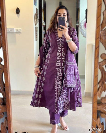 Premium Cotton Ikkat Printed Kurta Pant & Dupatta Set – 3 Piece Ethnic Wear