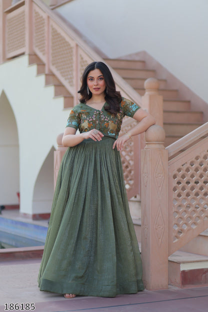 Pink & Green Premium Designer Silver Crunchy Fabric Koti-Gown with Embroidery