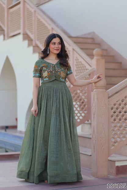 Pink & Green Premium Designer Silver Crunchy Fabric Koti-Gown with Embroidery