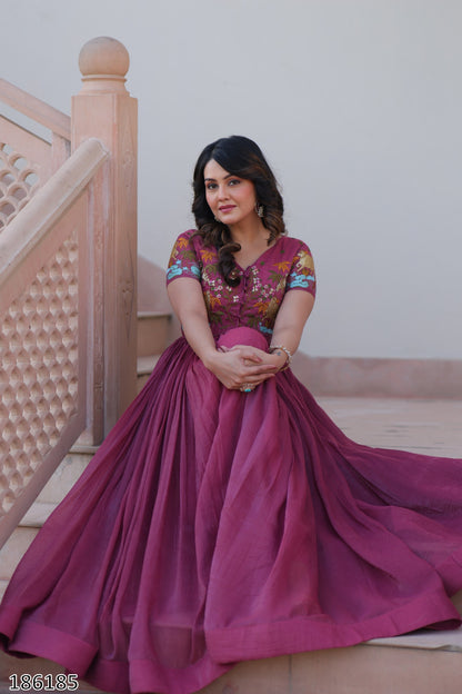 Pink & Green Premium Designer Silver Crunchy Fabric Koti-Gown with Embroidery