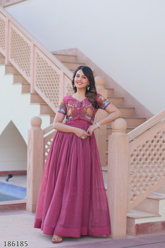 Pink & Green Premium Designer Silver Crunchy Fabric Koti-Gown with Embroidery