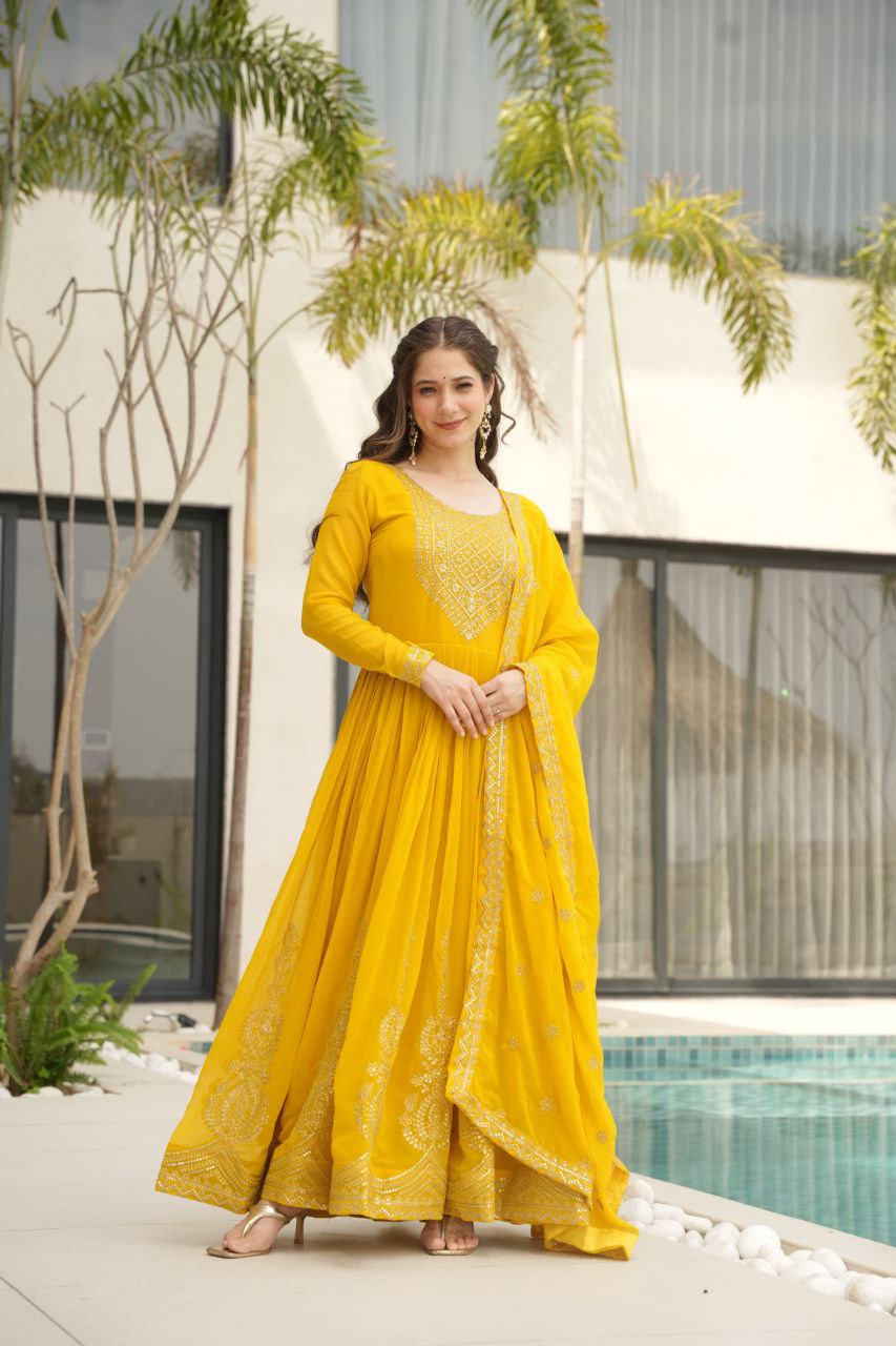 Premium Embroidered Faux Blooming Gown with Dupatta | Full Stitched Zari Sequin Work