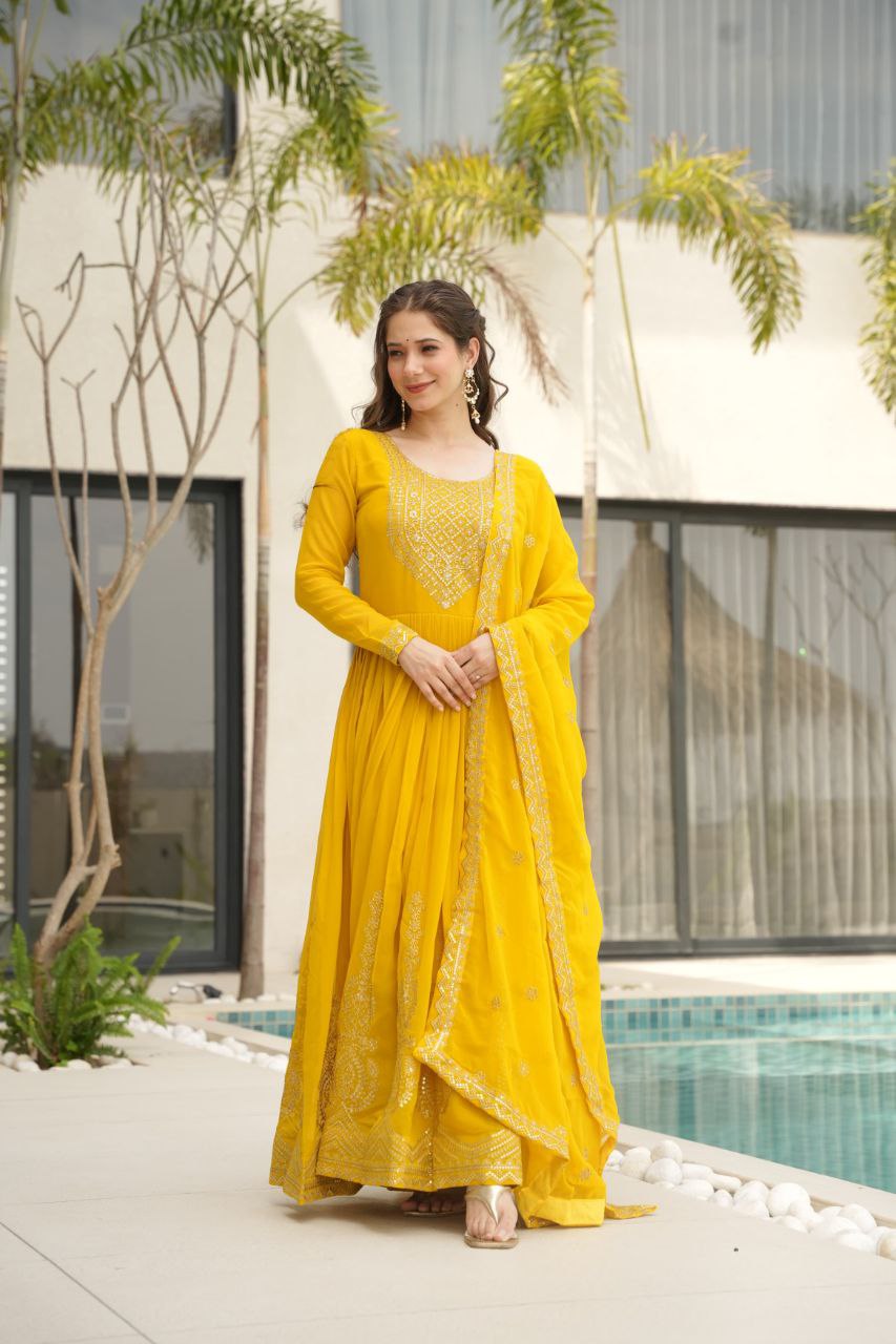 Premium Embroidered Faux Blooming Gown with Dupatta | Full Stitched Zari Sequin Work